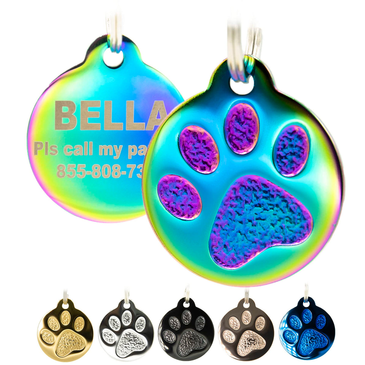 Engraved Pet Tag for Dogs and Cats - Personalized Front & Back up to 4 Lines of Text Custom Engraved ID, Round Paw Print Solid Plating Stainless Steel Silver Small