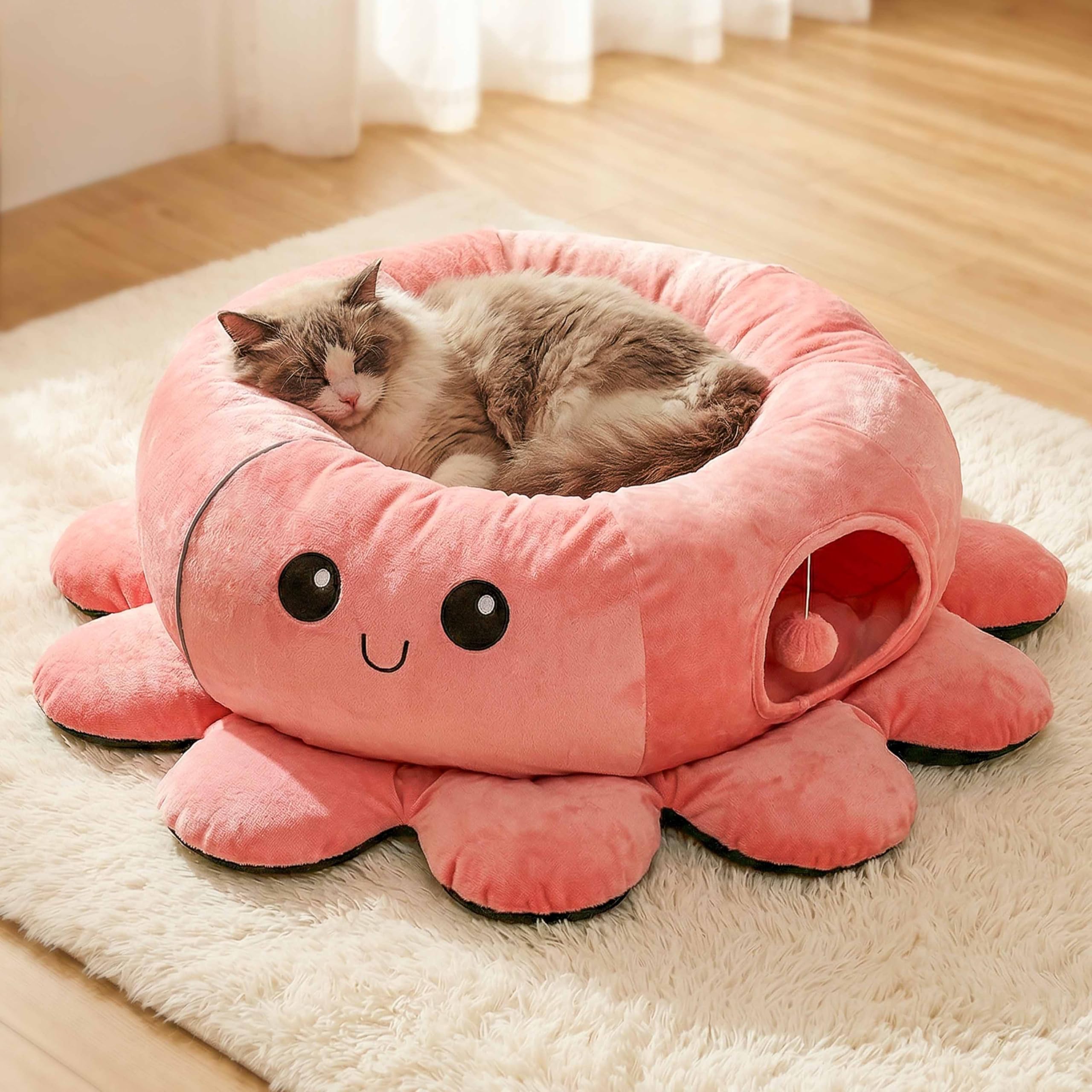 VIEFIN Cat Tunnel Bed with 20 Cat Toys, Collapsible Play Tunnel for Indoor Cats, Kitten Toys for Indoor Kittens, Octopus Shaped