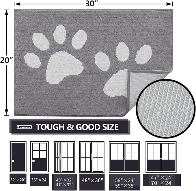 Buganda Dog Door Mat for Muddy Paws, Absorbent Dirt Trapper Washable Indoor Doormats, Non Slip Low-Profile Mud Mat for Dogs, Front Entrance Doormat for Inside Floor (59x35 Inches, Light Grey)