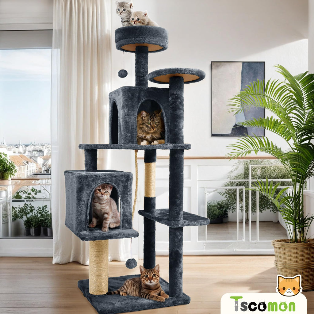 TSCOMON 58.5inch Large Cat Tree Tower Condo for Indoor Cats, Soft Plush Multi-Level Climbing Tree Cat House, Scratching Post, More Entrance/Exit, Sisal Rope, Black Grey