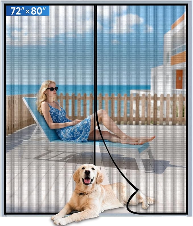 LONGEAS Upgraded PET Mesh Magnetic Screen Door Stronger Than Fiberglass and Polyester,Hands Free,Keep Bugs Out,Pet & Kid Friendly,Suitable for Sliding Doors,Patio and French Doors-70" X 79"
