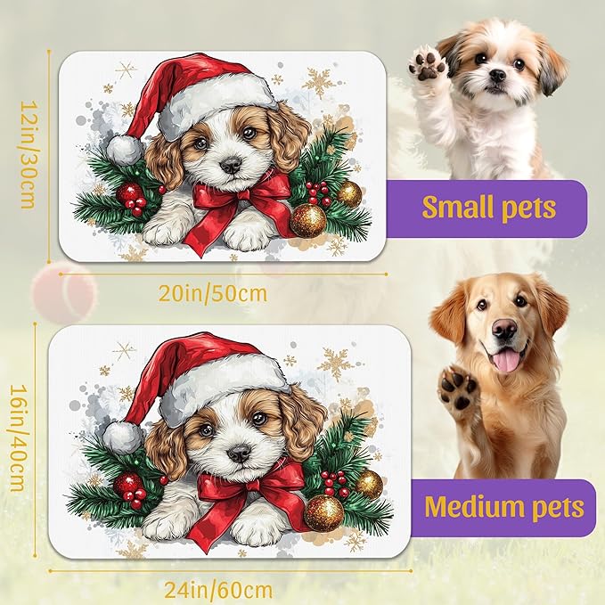 Christmas Dog and Cat Food Mat, Absorbent Feeding Placemat, Waterproof Non-Slip Rubber Base – 12x20 Inch