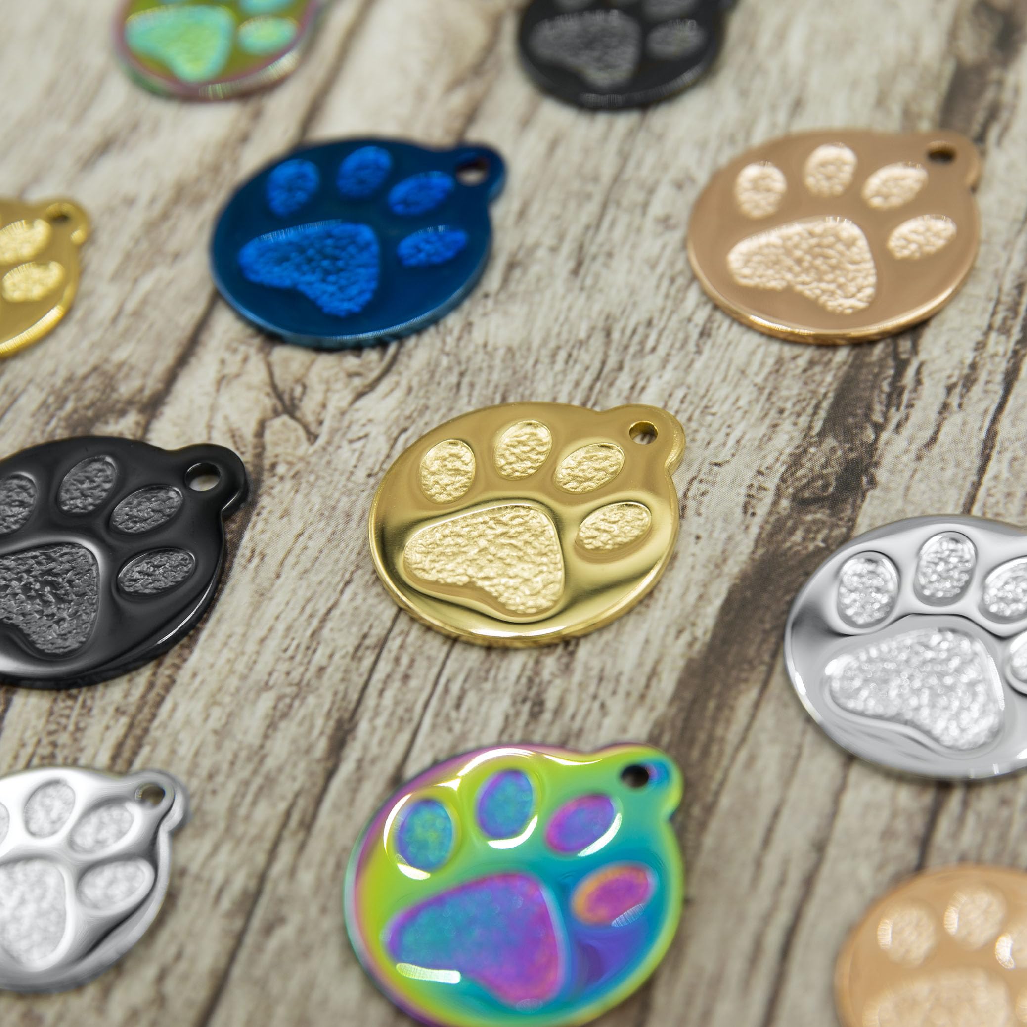 Engraved Pet Tag for Dogs and Cats - Personalized Front & Back up to 4 Lines of Text Custom Engraved ID, Round Paw Print Solid Plating Stainless Steel Silver Small