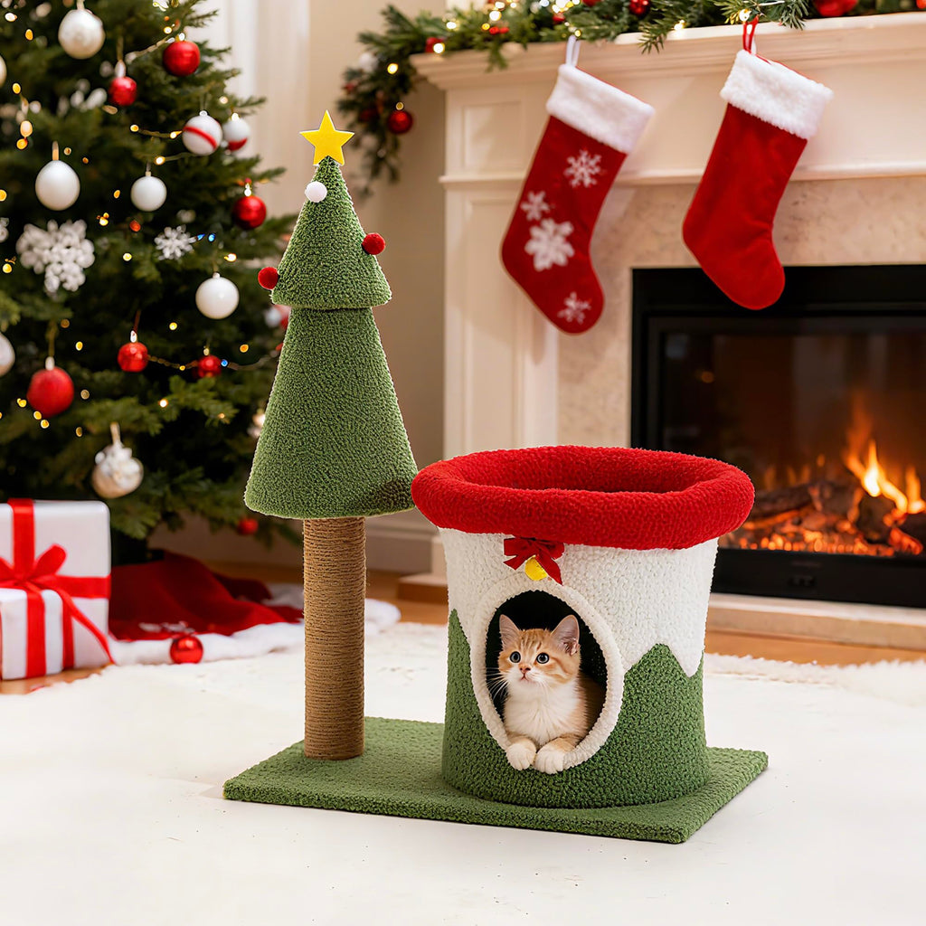 COSIEST 30in Christmas Cat Tree for Kittens, Kitty Condo with Top Perch, Small Cat Tree House with Sisal Scratching Posts, Cat Safe Christmas Tree Tower for Indoor Cats, Activity Center, Red & Green
