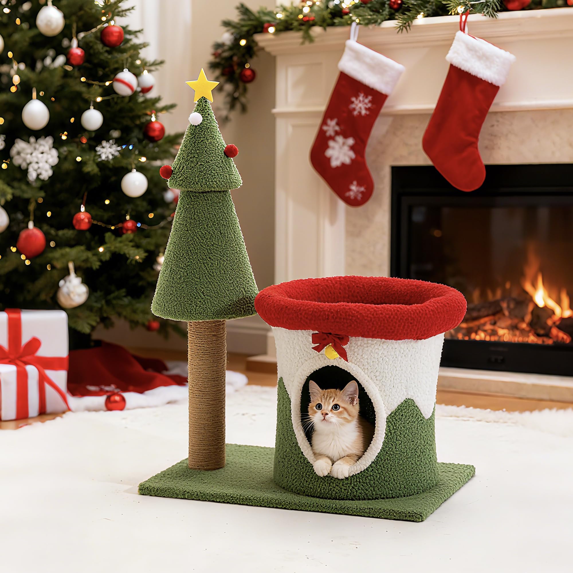 COSIEST 30in Christmas Cat Tree for Kittens, Kitty Condo with Top Perch, Small Cat Tree House with Sisal Scratching Posts, Cat Safe Christmas Tree Tower for Indoor Cats, Activity Center, Red & Green