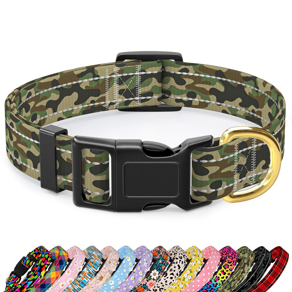 MOODEL Reflective Dog Collar for Small Dogs Cats, Cute Camouflage Adjustable Heavy-Duty Nylon Puppy Collar for Boy and Girl Female, Soft Pet Accessories with Quick Release Buckle, Green
