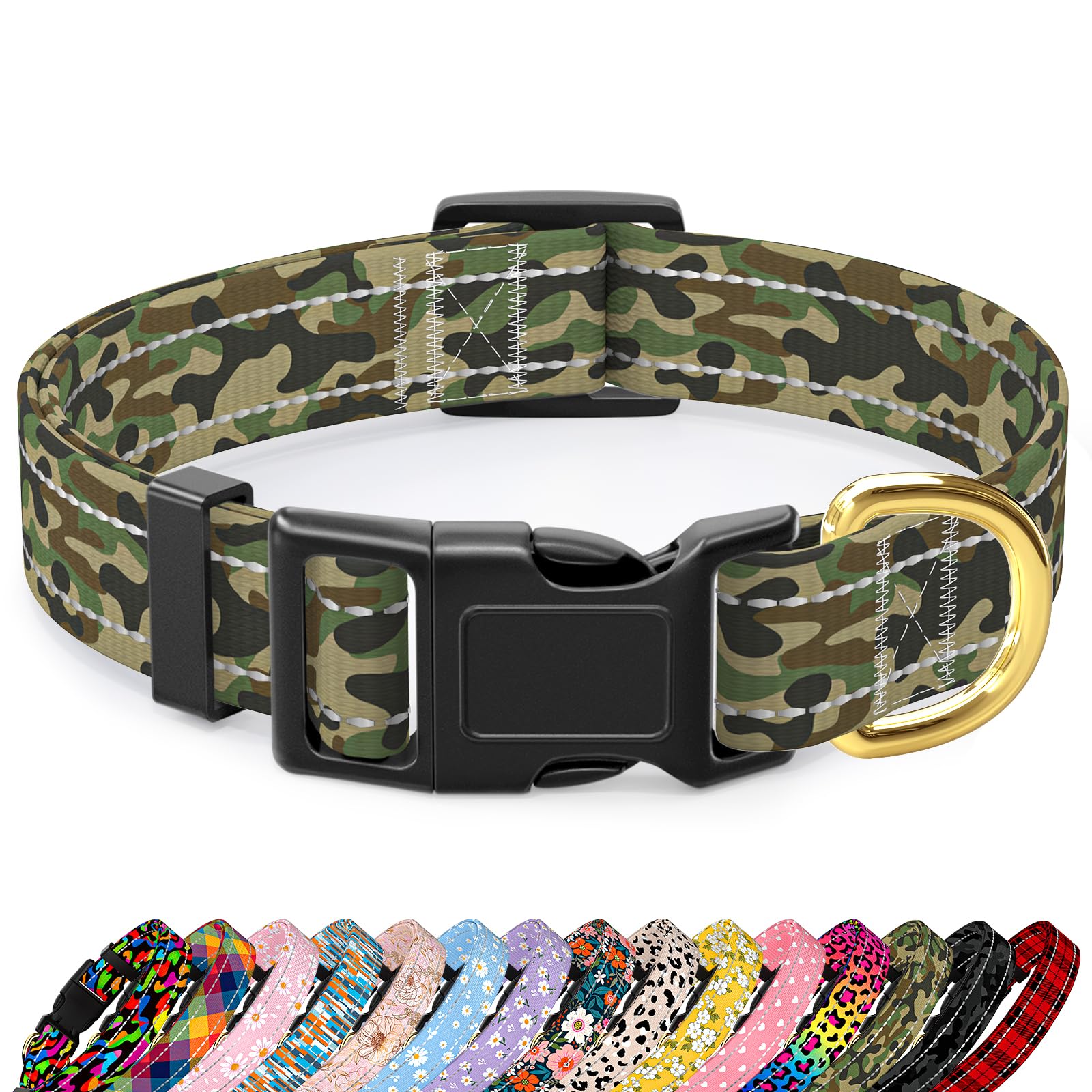 MOODEL Reflective Dog Collar for Small Dogs Cats, Cute Camouflage Adjustable Heavy-Duty Nylon Puppy Collar for Boy and Girl Female, Soft Pet Accessories with Quick Release Buckle, Green