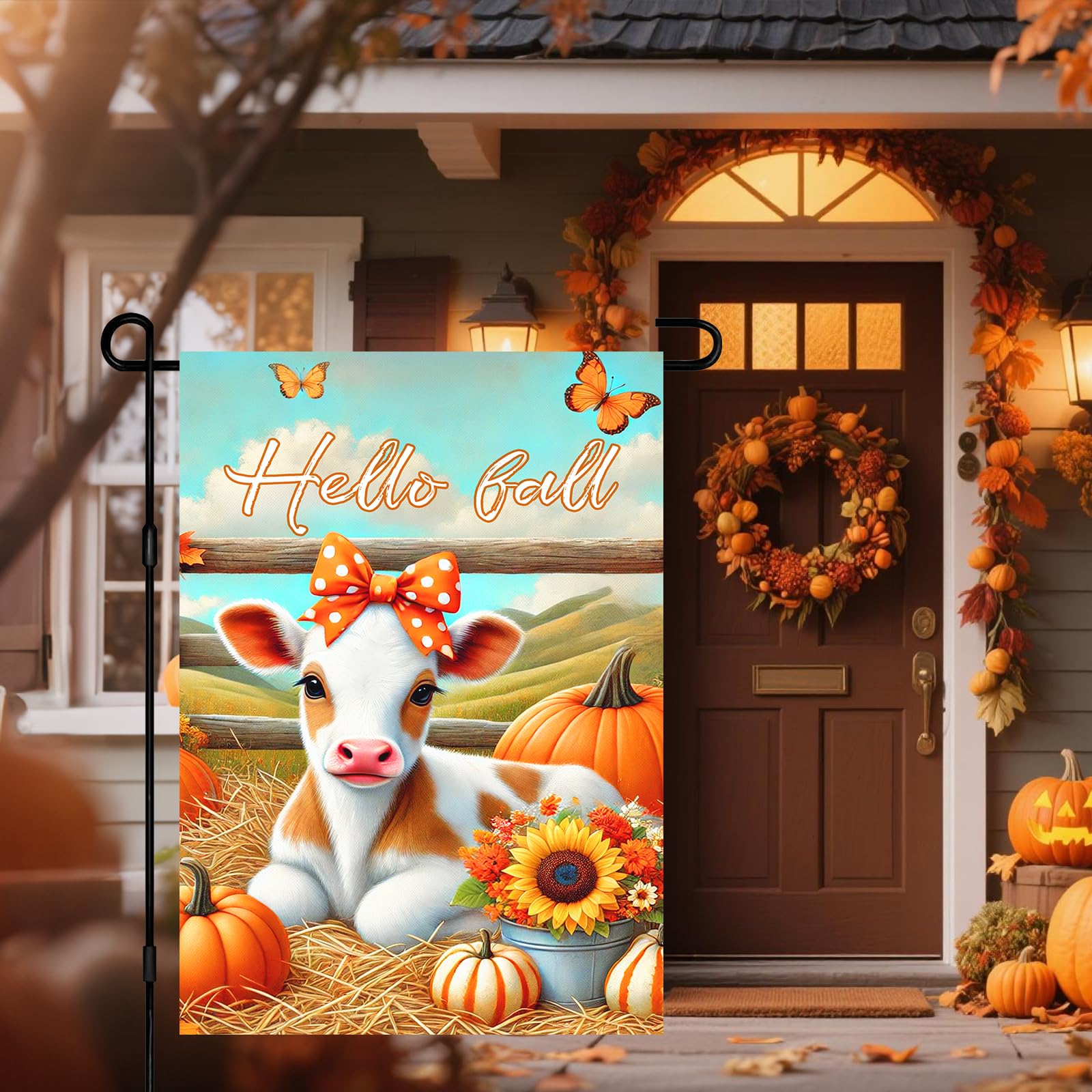 BlissYard Hello Fall Garden Flag 12x18Inch Calf Pumpkins Decor