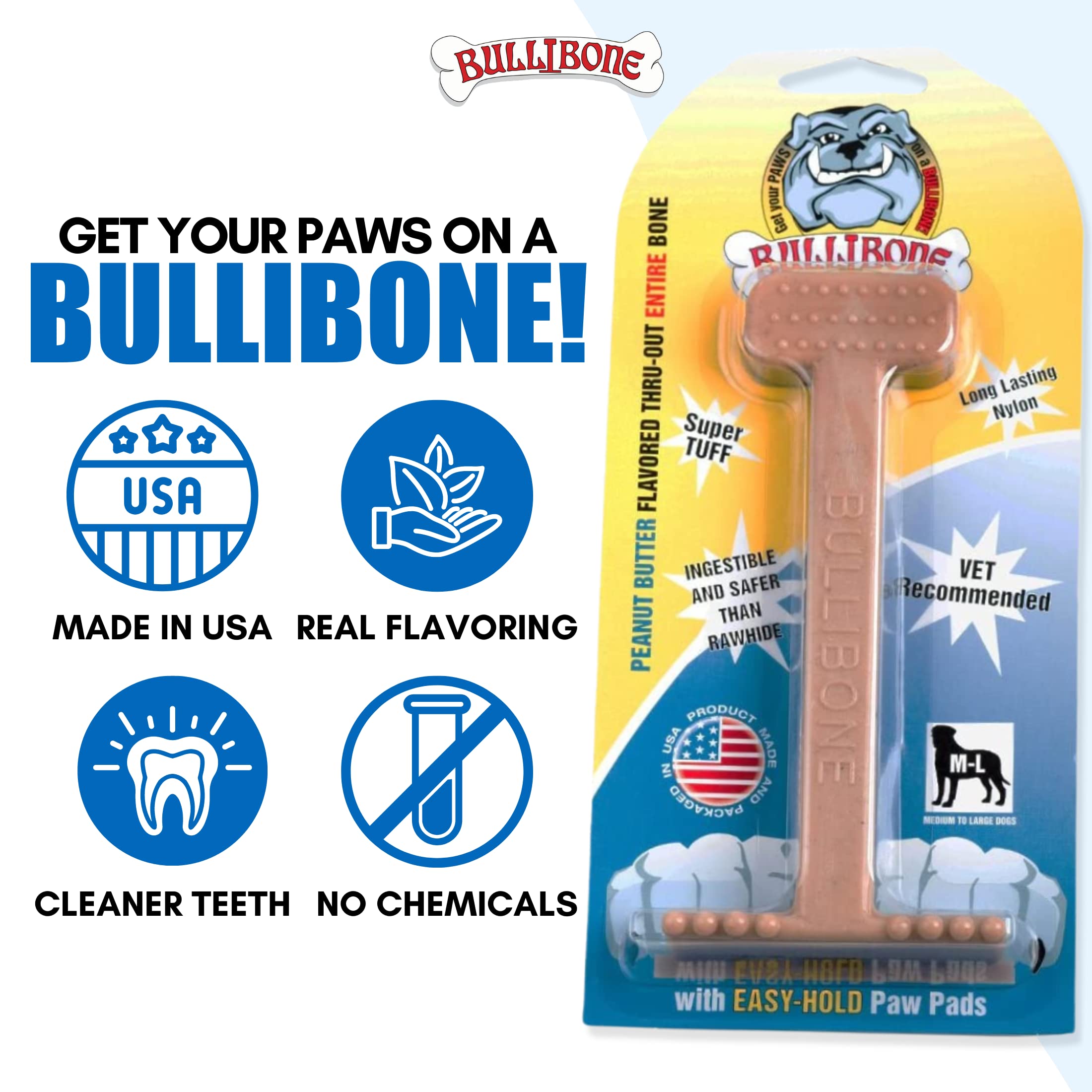 Bullibone Nylon Dog Chew Toy for Aggressive Chewers - Dental Hygiene Bone with Peanut Butter Flavor, Durable Tough Chew Toys for Large Dogs, Indestructible Dog Bone - Single