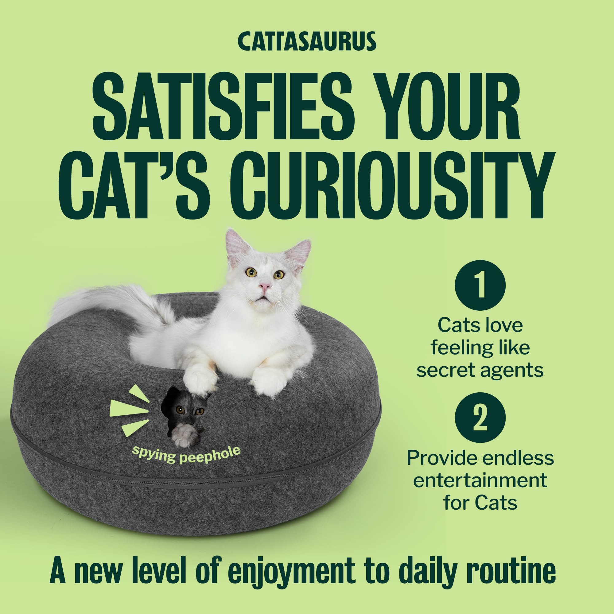 Cattasaurus Peekaboo Cat Cave Donut for Multiple & Large Cats up to 30-45 lbs, 3-in-1 Self Warming Cat Bed, Tunnel & Scratcher for Indoor Cats, Washable & Detachable Small Dog Bed (Dark Gray, Jumbo)