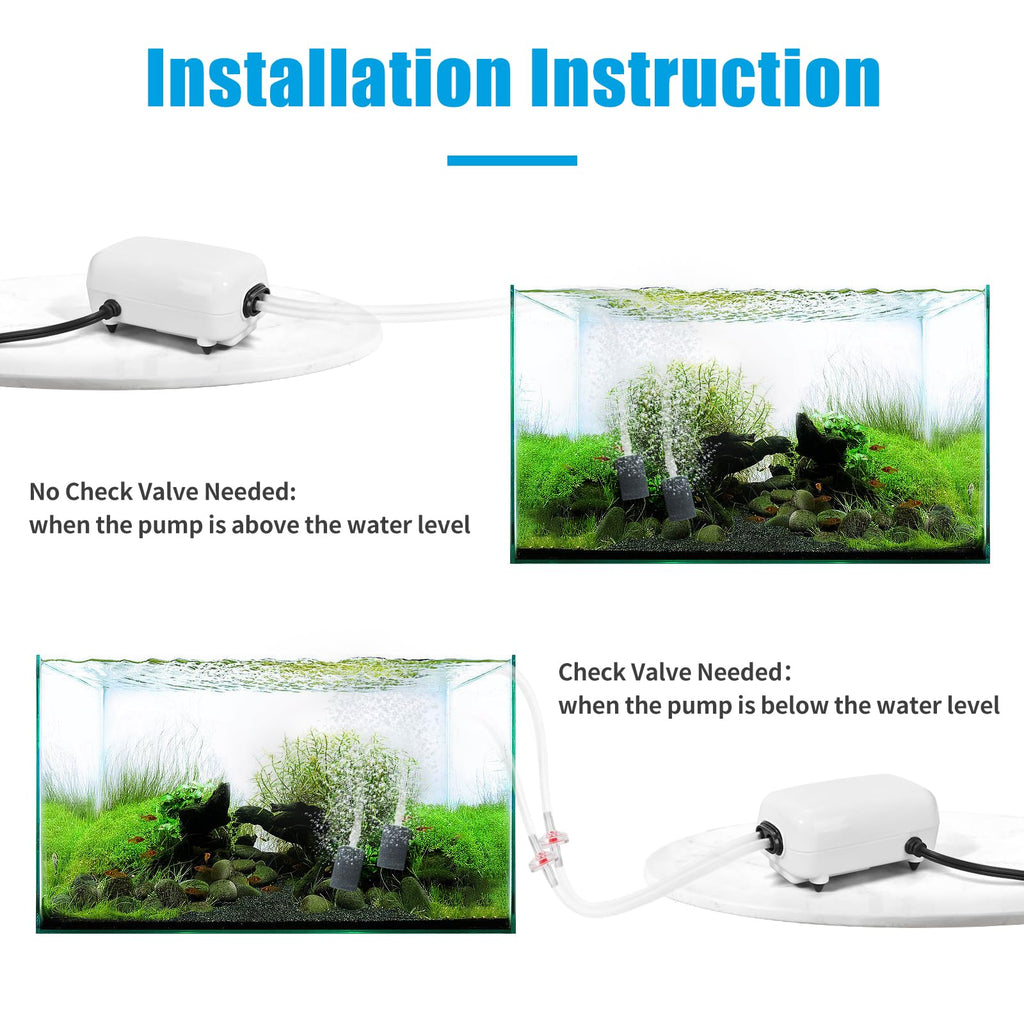 AQUANEAT Aquarium Air Pump, 150 Gals Fish Tank Air Bubbler, Adjustable Dual-Outlet Hydroponic Oxygen Aerator with Stones, Airline Tubing, Check Valves