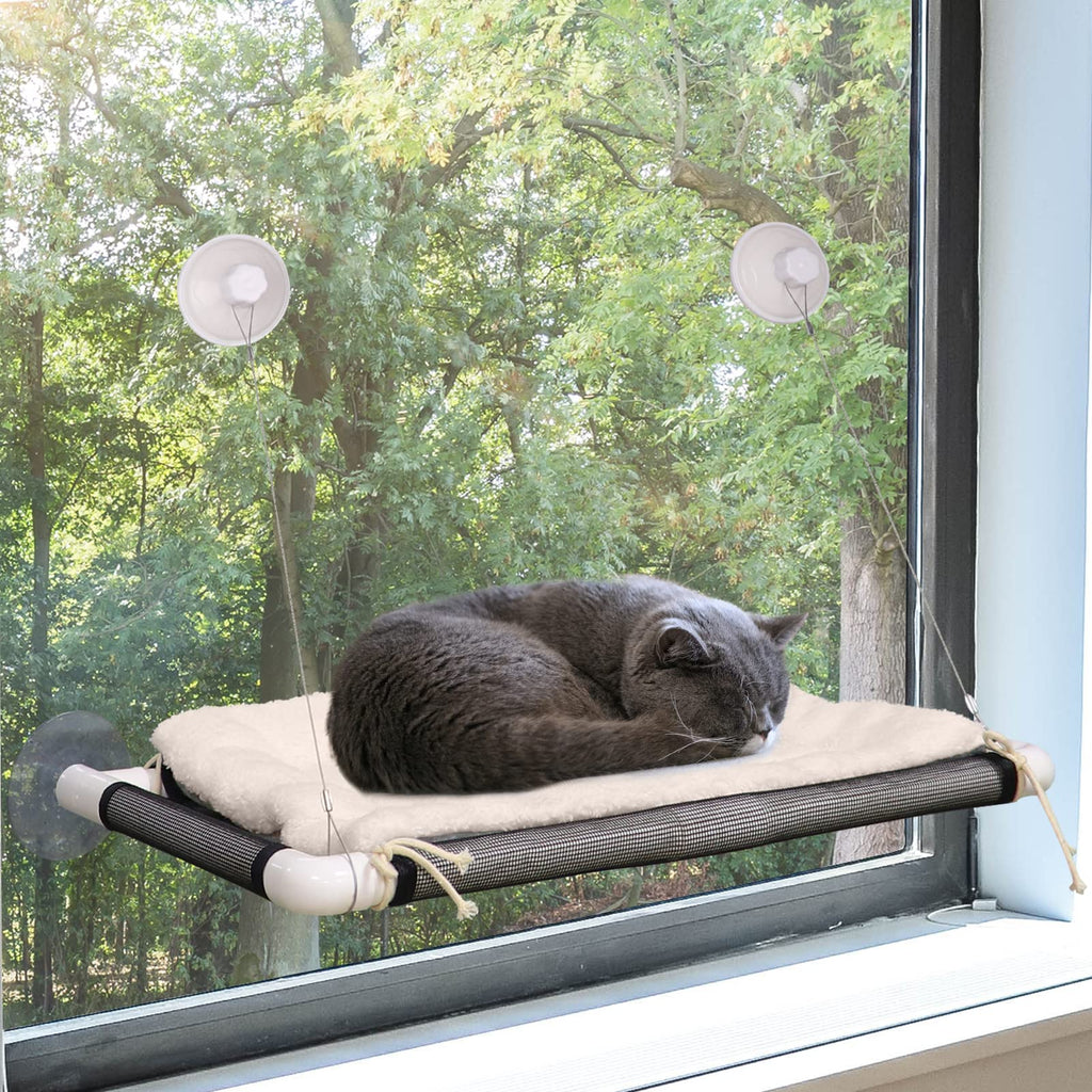 Cat Window Perch, Cat Hammock w/Fleece Blanket, Screw Suction Cups, Brown