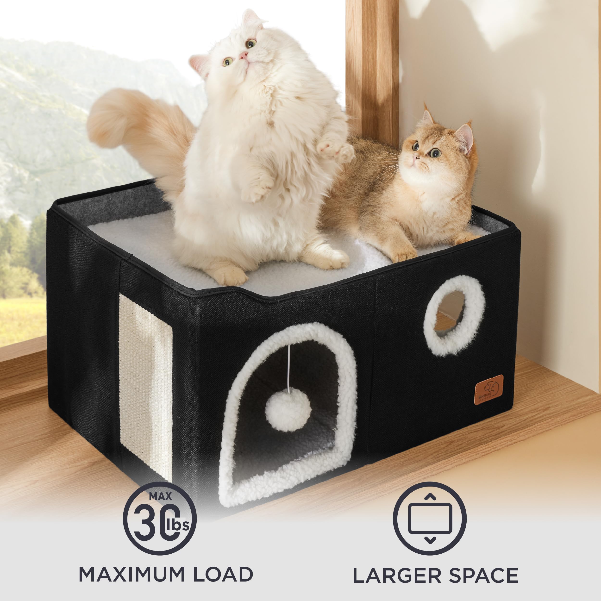 Bedsure Extra Wide Cat House Bed with Fluffy Ball and Scratch Pad,Black