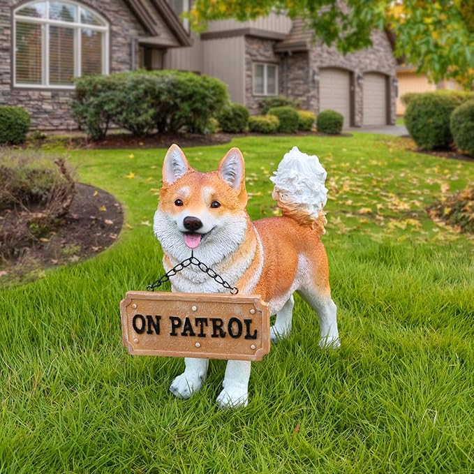UNOIRNM Akita Statue Outdoor Decorations – Dog Statues Outdoor Standing Yellow Akita with Replaceable Solar Light & Welcome Sign for Porch Décor