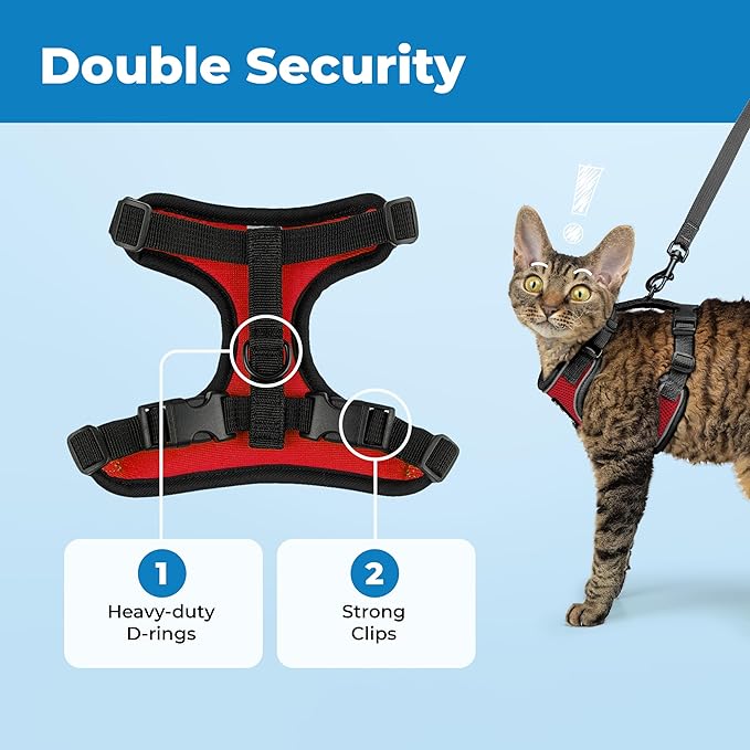 Voyager Escape-Proof Step-in Lock Cat Harness & 5ft Neoprene-Handle Leash Set All-Weather Mesh with Reflective Stitching for Small to Large Cats by Best Pet Supplies, Black Trim-Red (327), S