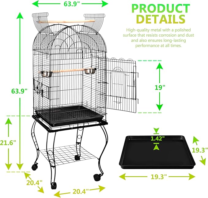 SUPER DEAL 64'' Rolling Bird Cage Large Wrought Iron Cage for Cockatiel Sun Conure Parakeet Finch Budgie Lovebird Canary Medium Pet House with Rolling Stand & Storage Shelf
