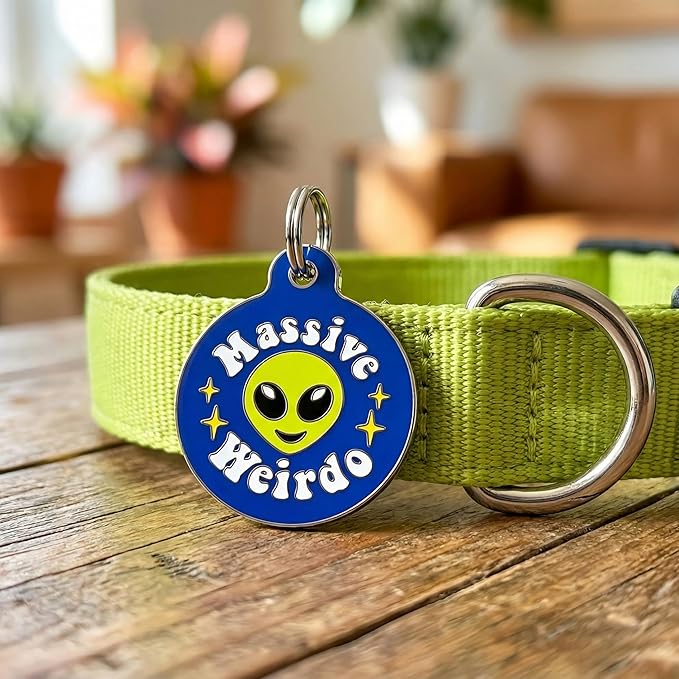 Bad Tags Personalized Dog and Cat ID Tags in 25+ Designs and 2 Sizes - 5 Lines of Custom Engraved Text - Funny Cute Personalized Pet Tags (Massive Weirdo, Small (1 inch))