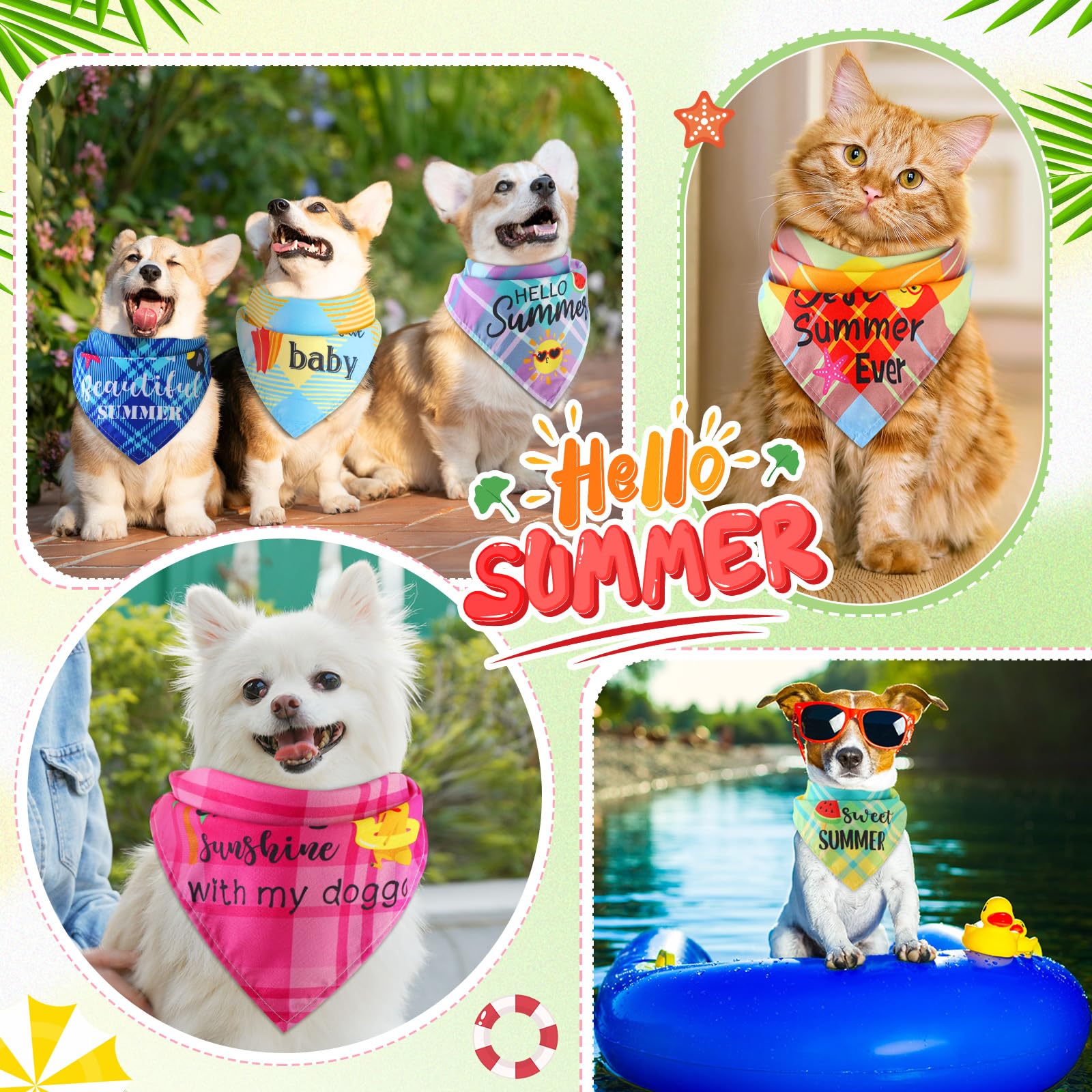 Sweetude 100 Pcs Summer Plaid Dog Bandana Bulk with Sayings Hawaii Bandana Pet Scarf Triangle Bibs Washable Puppy Kerchief Adjustable Grooming Supplies for Small Medium Large Dog Cat Accessories