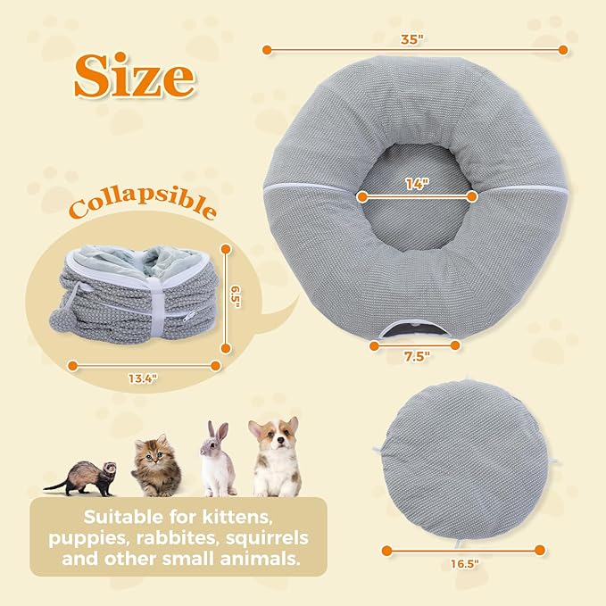 PEQULTI Grey Donut Cat Tunnel Bed Washable Plush Mat Multi for Small Pets