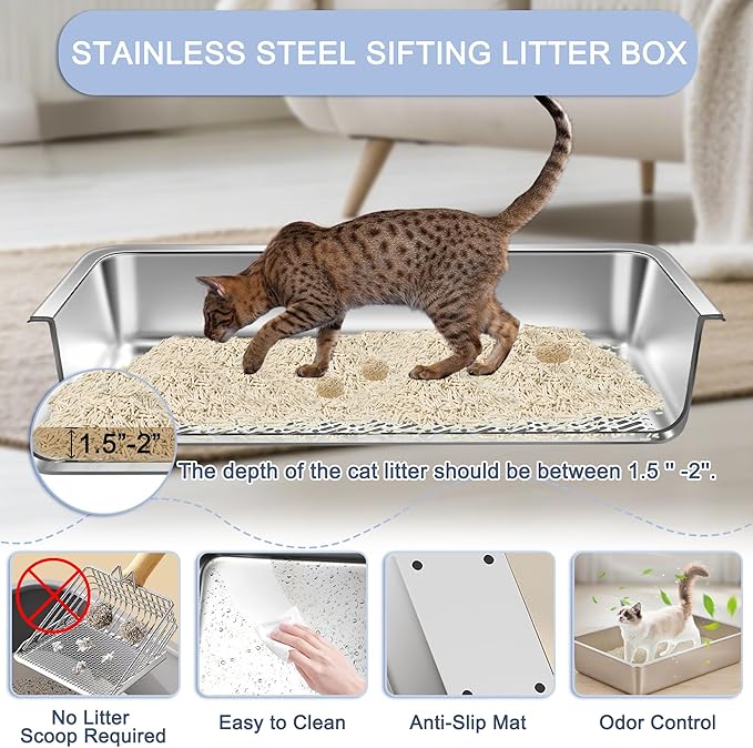 Teheao Stainless Steel Sifting Cat Litter Box for Clumping Litter, XL Extra Large Metal Sifter Tray Pan with Cat Litter Bag, Low Dust, Odor Control, Easy Cleaning (23.6"*15.7"*5.9")