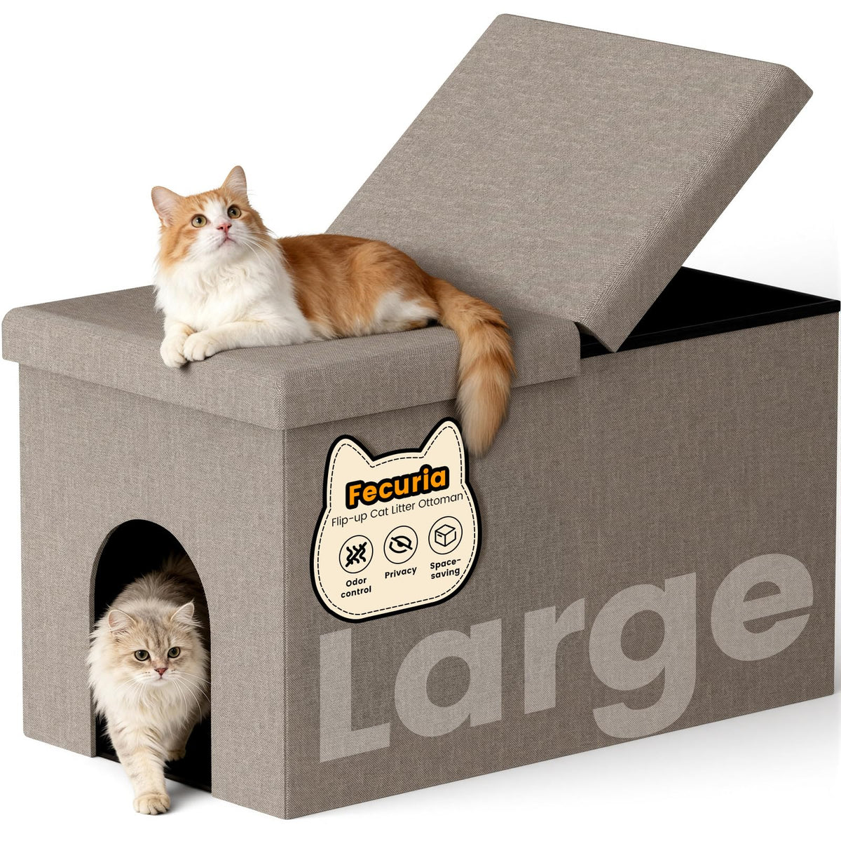 Fecuria 3-in-1 Cat Litter Box Enclosure with Odor Control, Multi-Functional Hidden Litter Box Furniture Bench, Dog Proof, Space-Saving Ottoman Cabinet with Flip-Up Lid, Storage Footrest, Light Grey