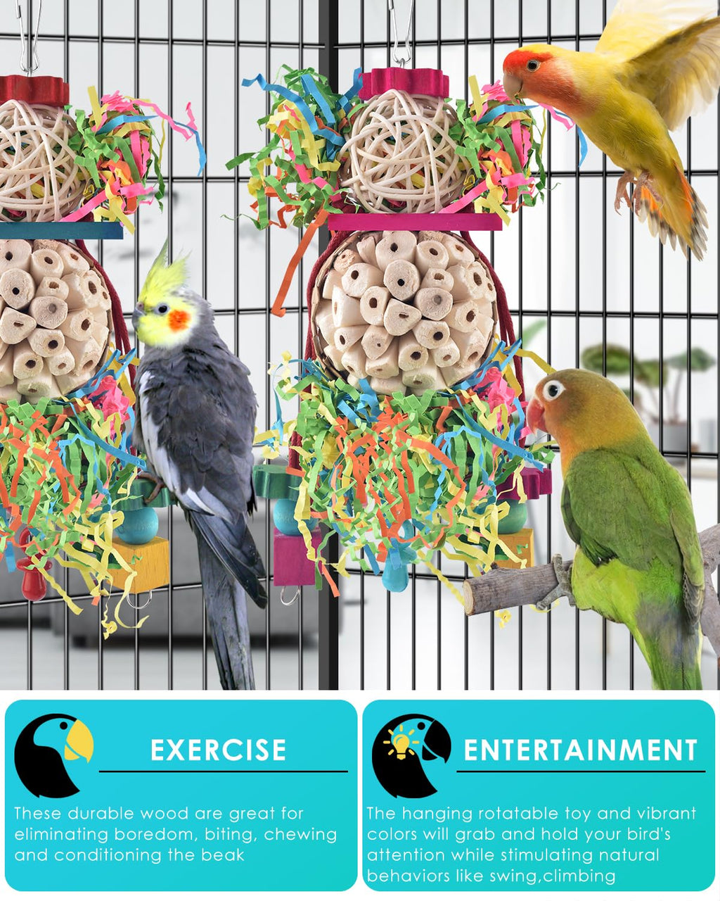 Bissap 2PCS Bird Parrot Foraging Shredder Hanging Toys Sola Balls Sepak Takraw with Pacifier for Small Parrots Parakeets Conures Cockatiels Love Birds Cage Toy