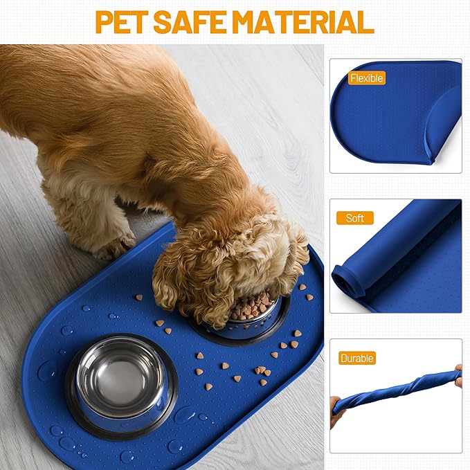Hubulk 100% Waterproof Silicone Pet Feeding Mat with Raised Edge for Food and Water, Dog Bowl Mats, Cat Bowls Placemat with High Lip Protects Floor for Cats and Dogs (Navy Blue, 24" L x 16" W)