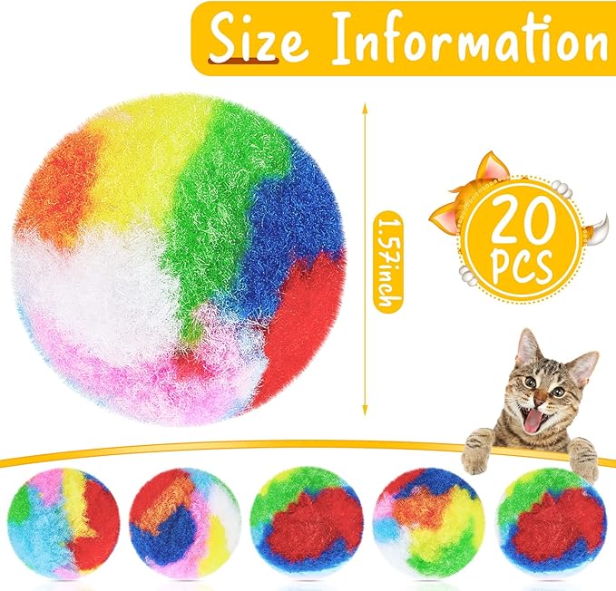 Deekin 20 Pcs Cat Ball Toy 1.6 Inch Fuzzy Pom Pom Balls for Kittens Cats