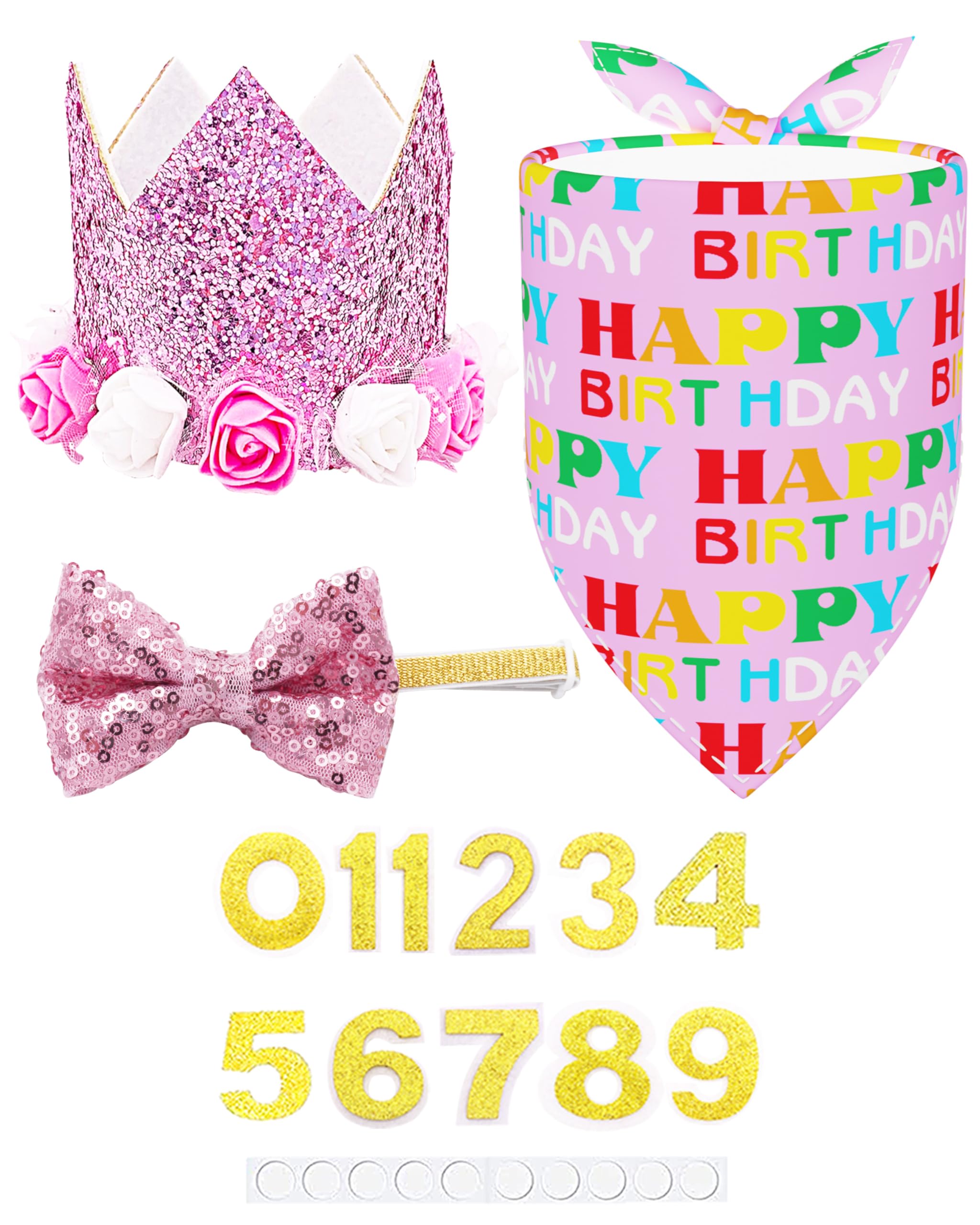 PET SHOW Pink Floral Hat, Bandana & Collar Bows Charms Set - Dog, Cat, Rabbit, Pig Birthday Gift - Reusable Adjustable Hat with 0-9 Figures, Pink for Girls - Apparel