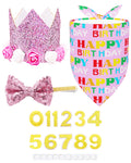 PET SHOW Pink Crown Hat Dog Birthday Party Supplies for Girls Female Pets Small Medium Large Dogs Cats Birthday Hat and Plaid Bandana with 0-9 Numbers and Glue