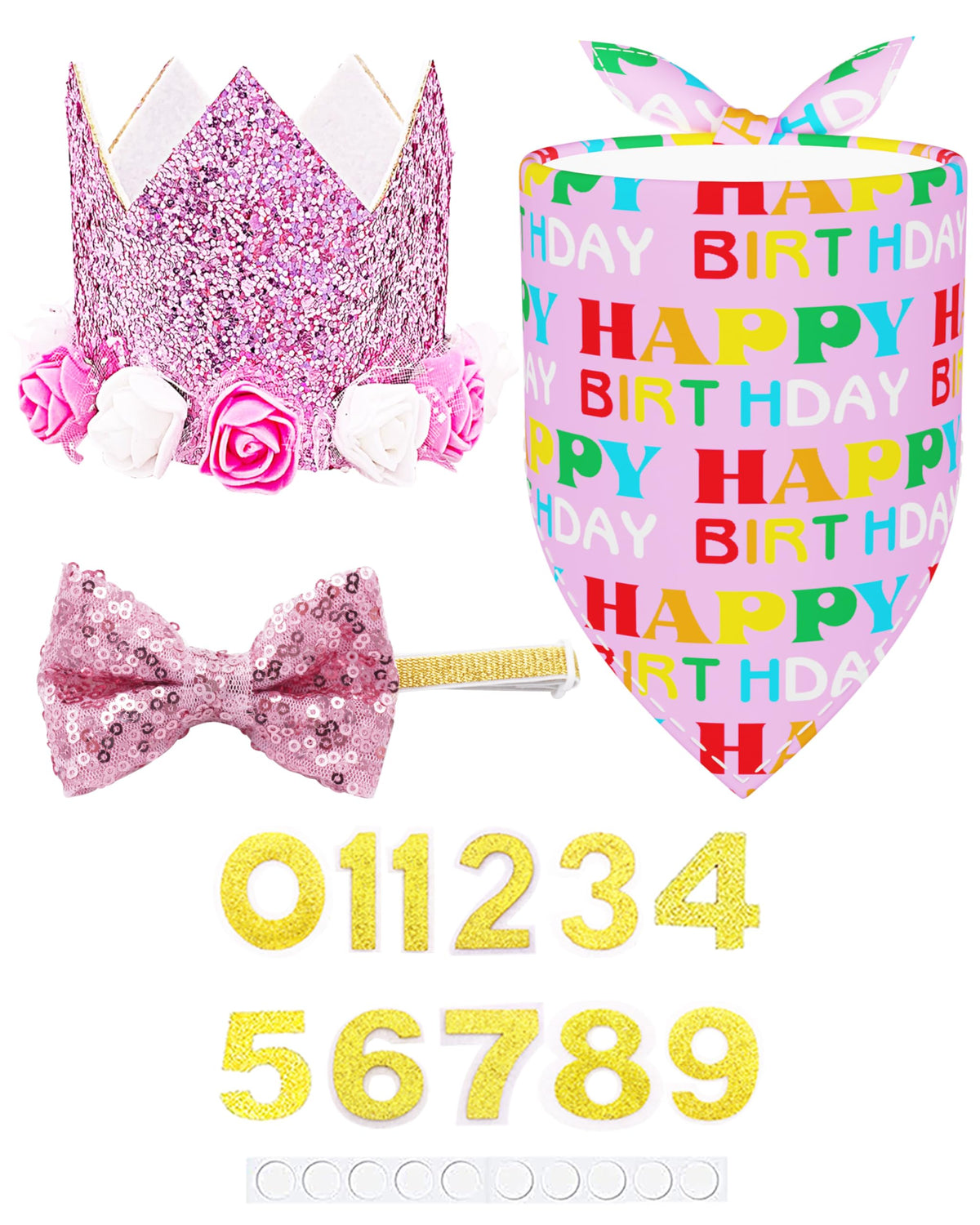 PET SHOW Pink Crown Hat Dog Birthday Party Supplies for Girls Female Pets Small Medium Large Dogs Cats Birthday Hat and Plaid Bandana with 0-9 Numbers and Glue