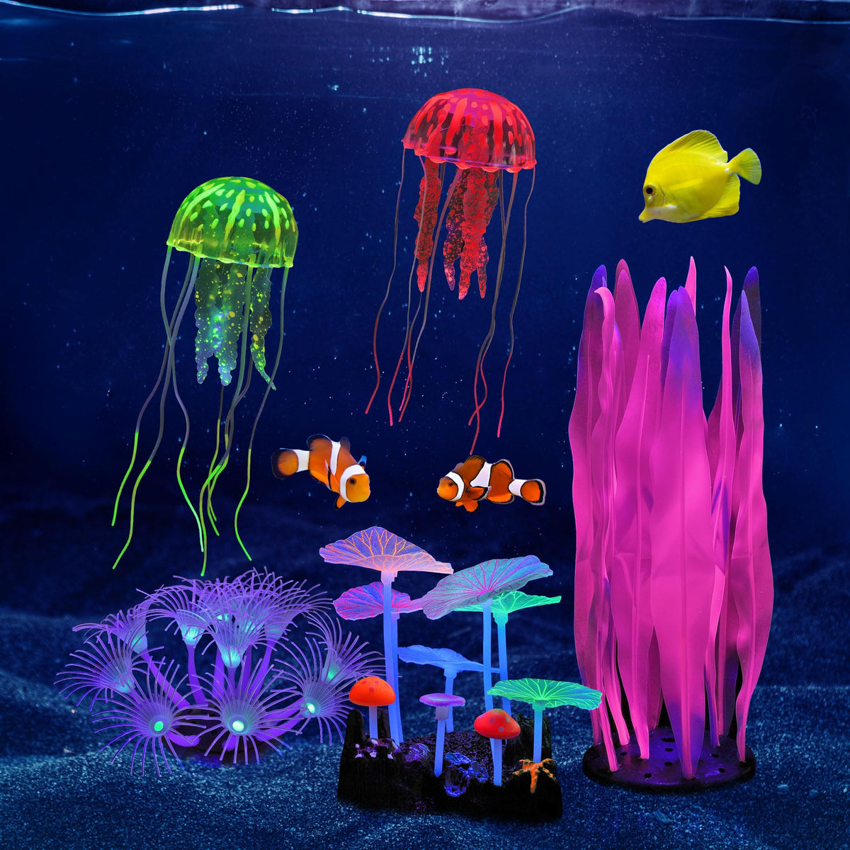Lpraer 4 Pack Glow Aquarium Decorations Branch Coral Reef Mushroom Seaweed Simulation Glow Plant Glowing Effect Silicone for Fish Tank Decorations
