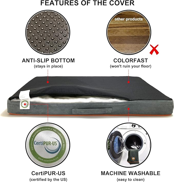 Whoopub Hard-Wearing Orthopedic Dog Bed for Crate, 53x36 Inch, Made of Memory and HR Foam, Two-Sided Use, Providing Soft and Relatively Hard Support, with an Extra Inner Waterproof Protector (Gray)