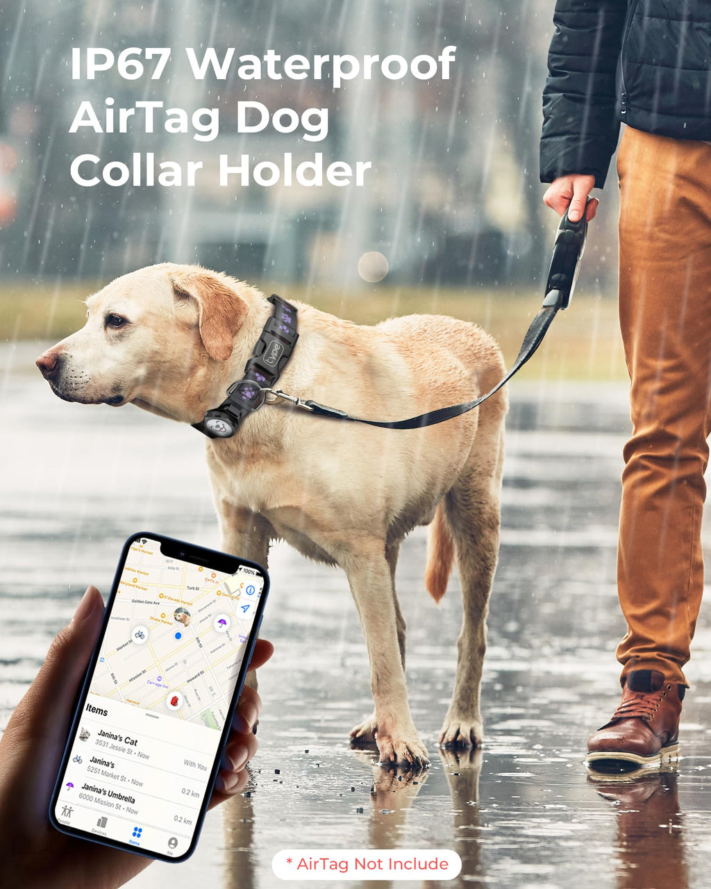 Dog Collar with Airtag Holder, IP67 Waterproof Reflective AirTag Dog Collars for Medium & Large Dogs, Adjustable Pet Collar with Twist-Lock Holder & Green Glow for Night (Black, M, 11.8"-15.9")