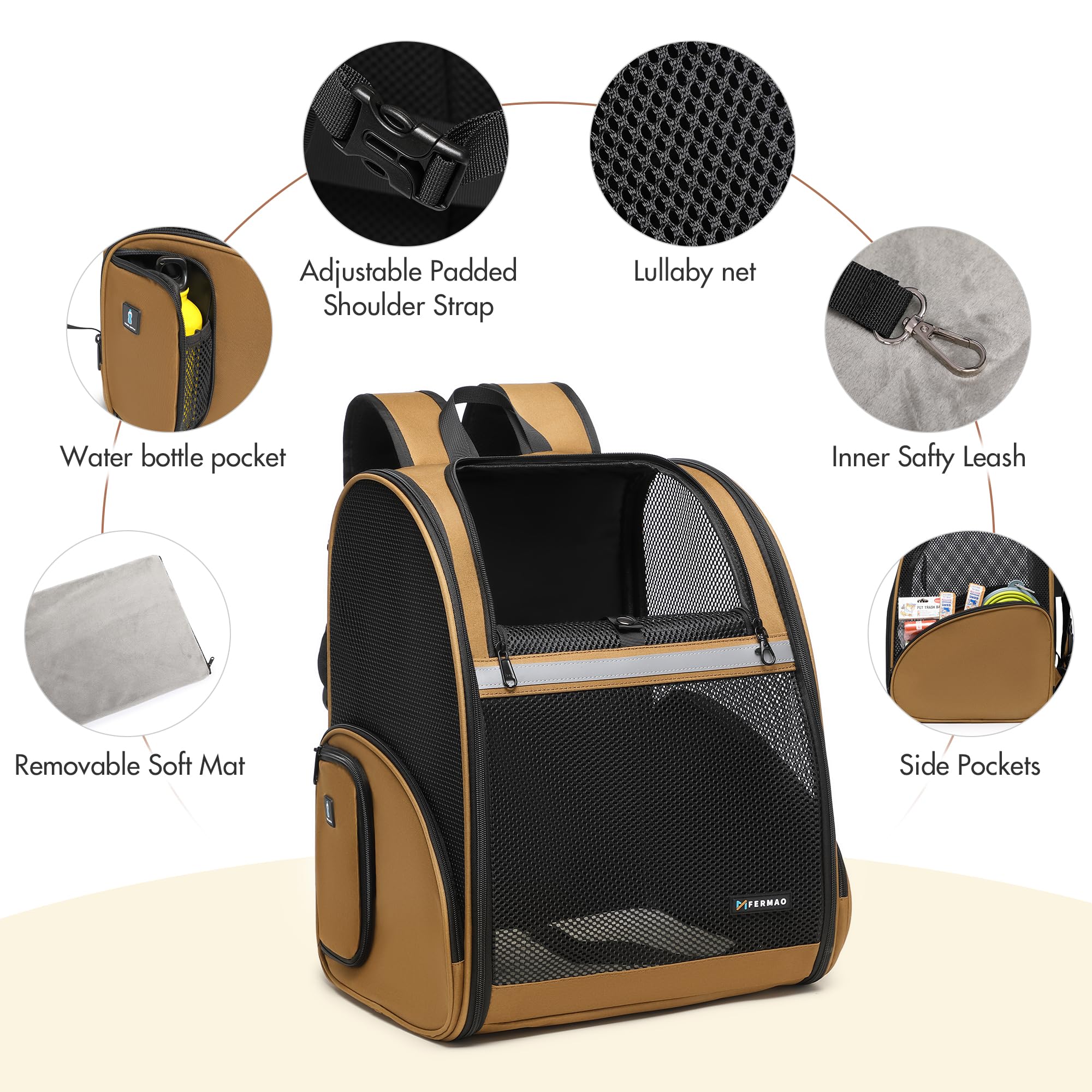 FERMAO Pet Backpack Carrier, Large Cat Carrier Backpack Up to 20 Lbs with Breathable Mesh, for Medium Large Cats or Small Dogs, Travel Hiking Camping Backpack (Brown-XL)
