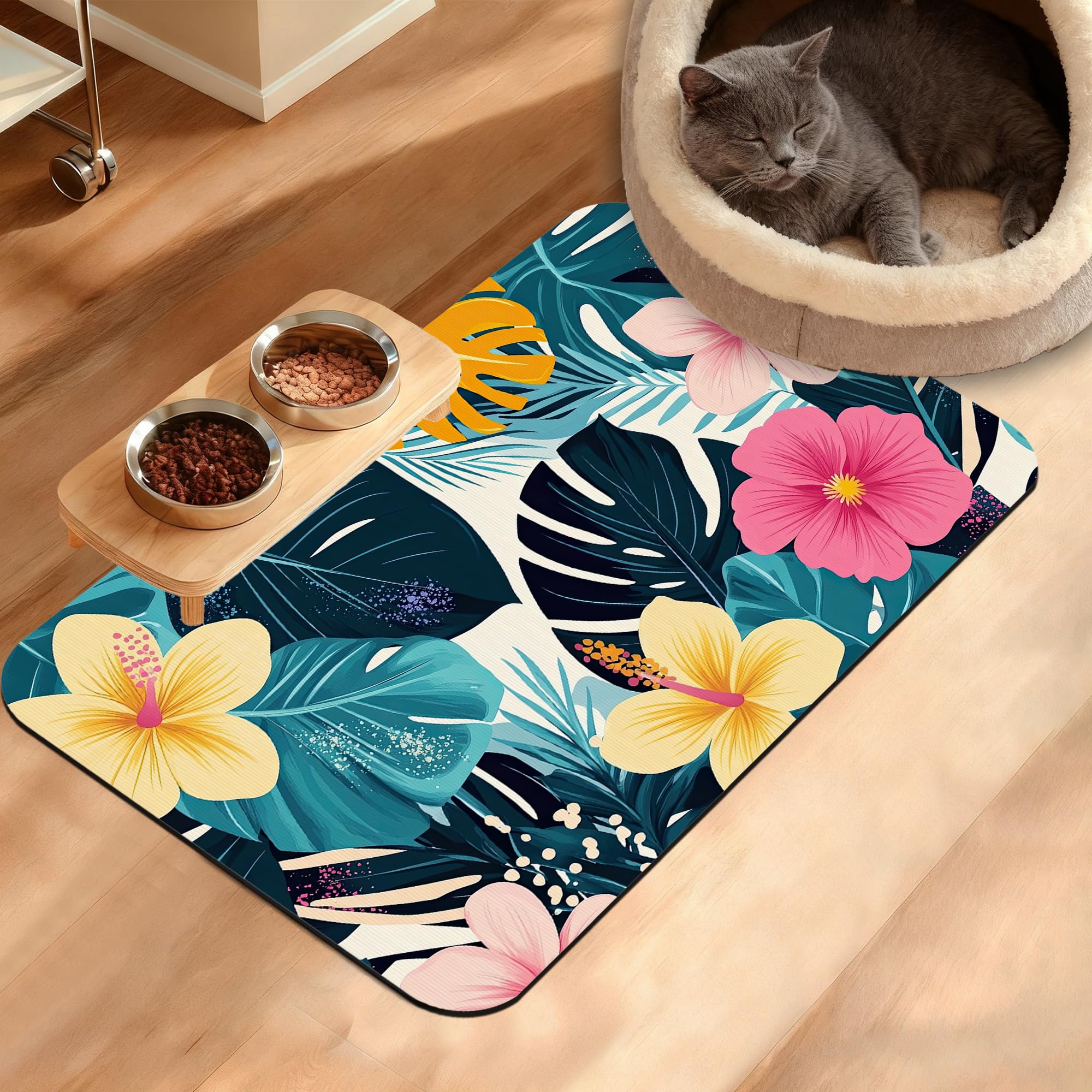 Tropical Palm Dog Food Mat,Exotic Leaves Floral Absorbent Pet Feeding Mat for Food and Water Bowl,Quick Dry Dog Placemat Non Slip Rubber Backing Waterproof Pet Supplies 16" x 24"