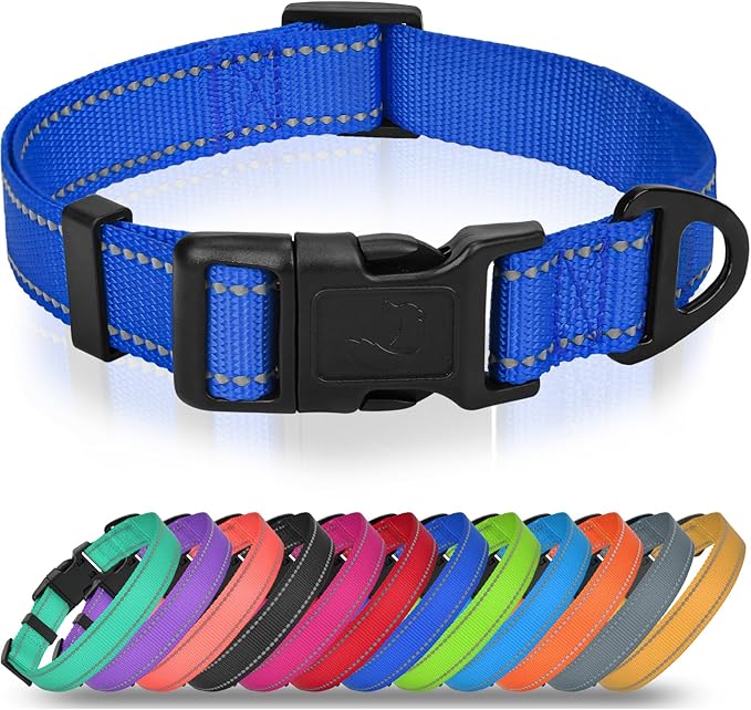 Joytale Dog Collars for Medium Dogs, Comfortable Double-Sided Reflective Nylon Collar for Night Safety, Adjustable Quick-Release for Active Pets, Navy Blue, M (1" Width)