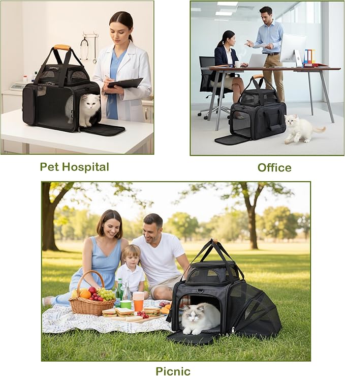 MOYLLOG Expandable Pet Carrier Bag - Airline-Approved, Breathable Mesh, Secure Zippers, Padded Handle & Multi-Pockets (Light Grey)