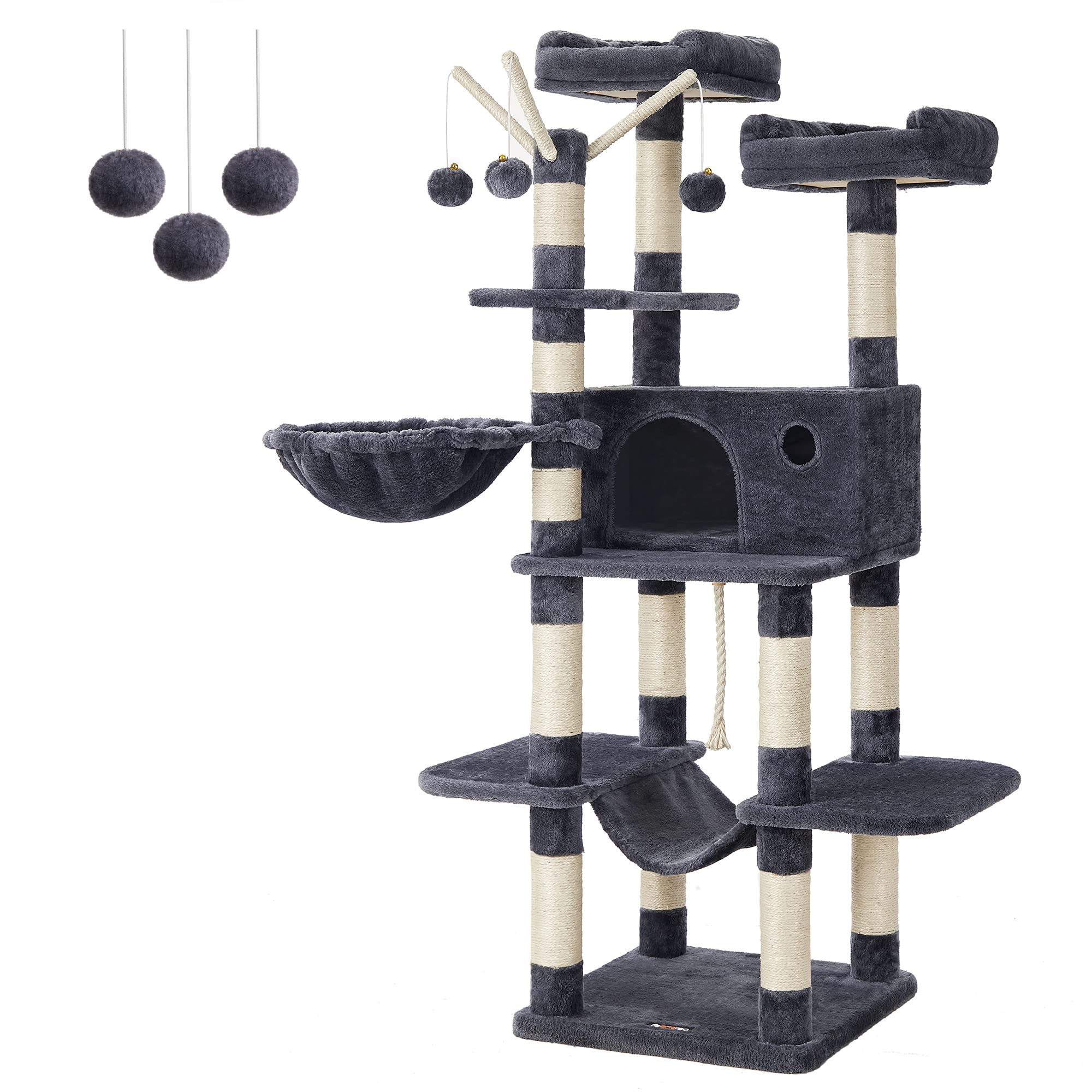 FEANDREA Cat Tree, Large Cat Tower, 64.6 Inches, Cat Activity Center with Hammock, Basket, Removable Fur Ball Sticks, Cat Condo, Smoky Gray UPCT087G01
