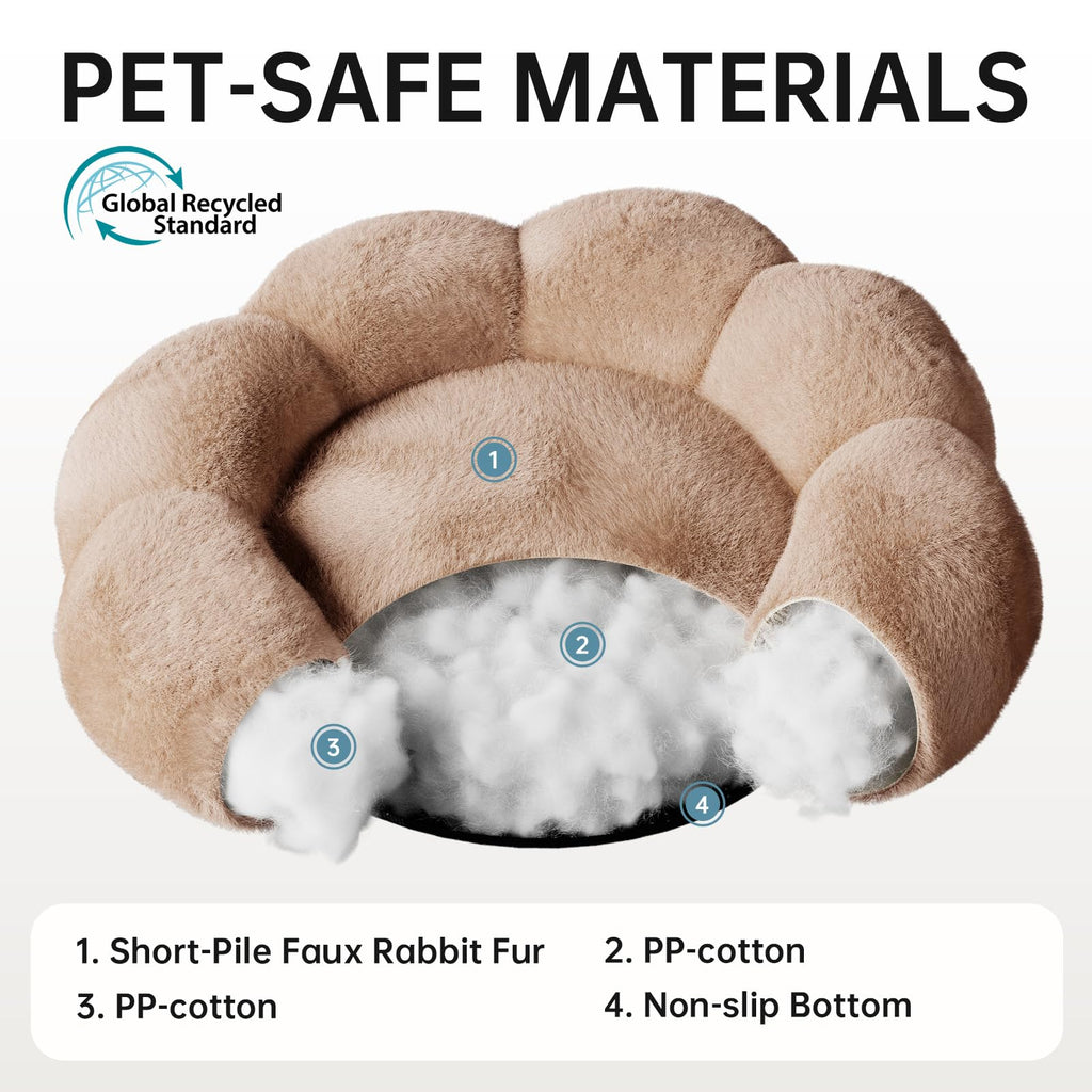OhGeni 20 inches Calming Donut Dog & Cat Bed for Small Pets, Warming Comfort Fluffy Short Pile Fur, Durable Machine Washable Bed, Cute Round Bed for Puppy and Kitten, Camel