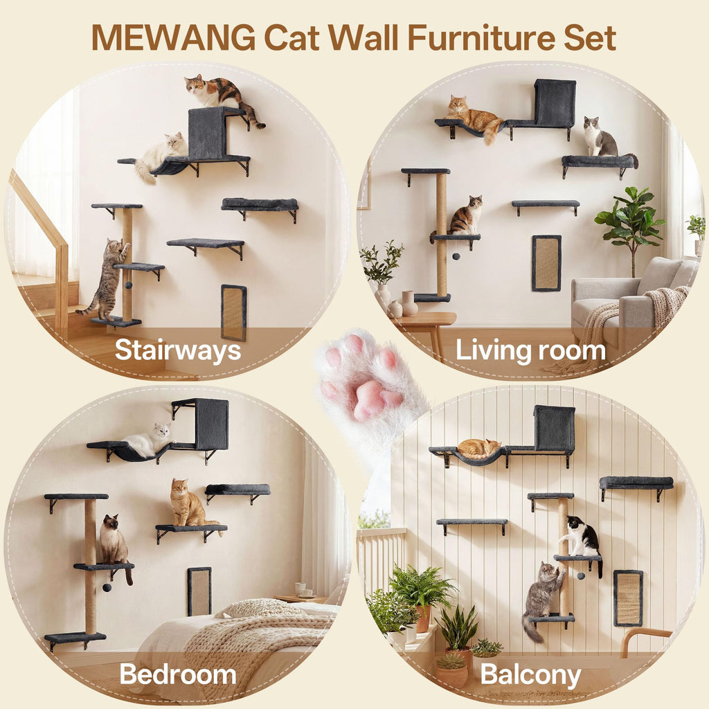 MEWANG 5-in-1 Cat Wall Shelves: Cat Climbing Furniture with Wall Mounted Perch & Lounge for Indoor Cats, Space-Saving Wall Pet Shelves for Play & Rest - Grey