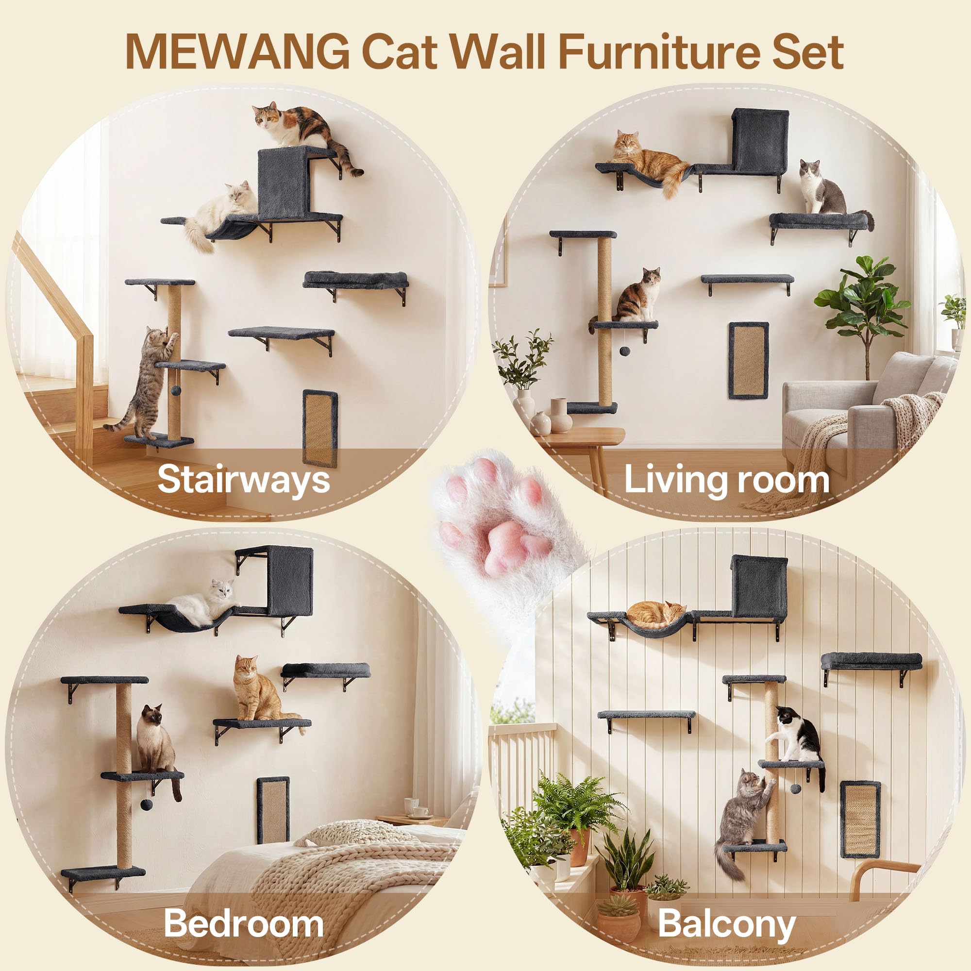 MEWANG 5-in-1 Cat Wall Shelves: Cat Climbing Furniture with Wall Mounted Perch & Lounge for Indoor Cats, Space-Saving Wall Pet Shelves for Play & Rest - Grey