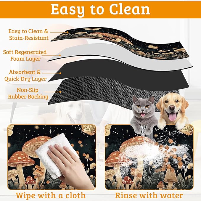 Fantasy Mushroom Dog Cat Food Mat,Butterfly Stars Absorbent Waterproof Placemat for Food and Water Non Slip Rubber Backing Durable Feeding Pad for Clean Floors 12" x 20"