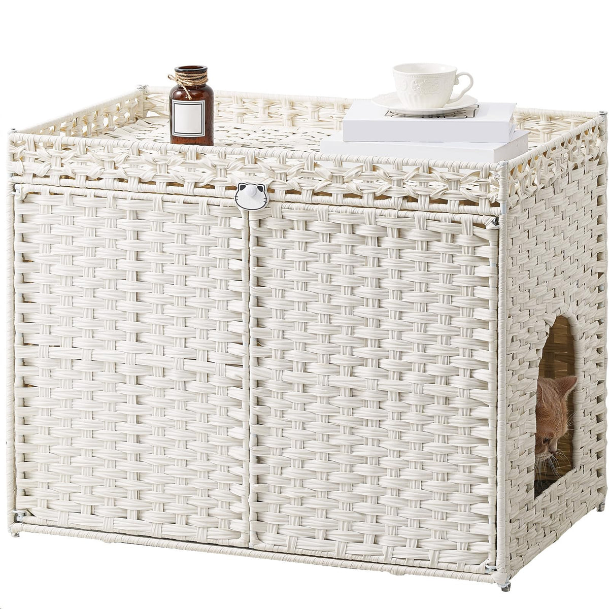 SETVSON Cat Litter Box Enclosure Furniture, Handwoven PE Rattan, White