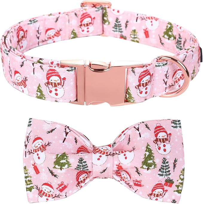 Bobo Rainbow Christmas Dog Collar, Christmas Tree and Snowman Print Cute Winter Holiday Collars Cotton Adjustable Comfortable Pink Dog Collar with Bow,Stylish Collars for Small Girl Dogs