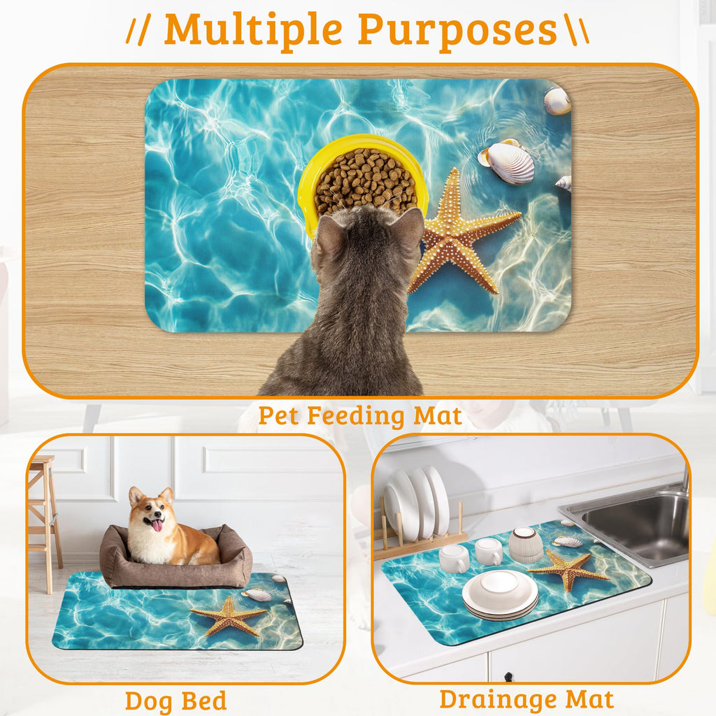 Starfish Shells Dog Cat Food Mat,Sea Beach Absorbent Waterproof Placemat for Food and Water Non Slip Rubber Backing Durable Feeding Pad for Clean Floors 16" x 24"