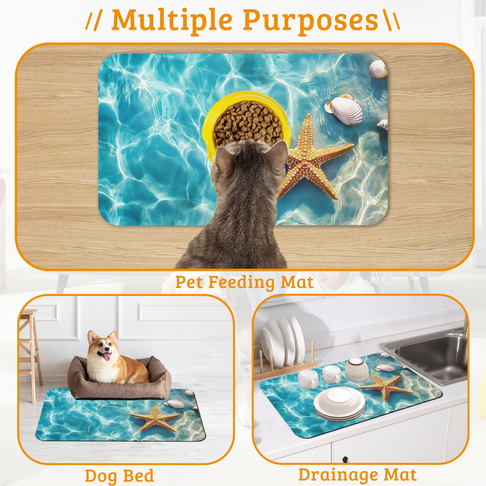 Starfish Shells Dog Cat Food Mat,Sea Beach Absorbent Waterproof Placemat for Food and Water Non Slip Rubber Backing Durable Feeding Pad for Clean Floors 16" x 24"