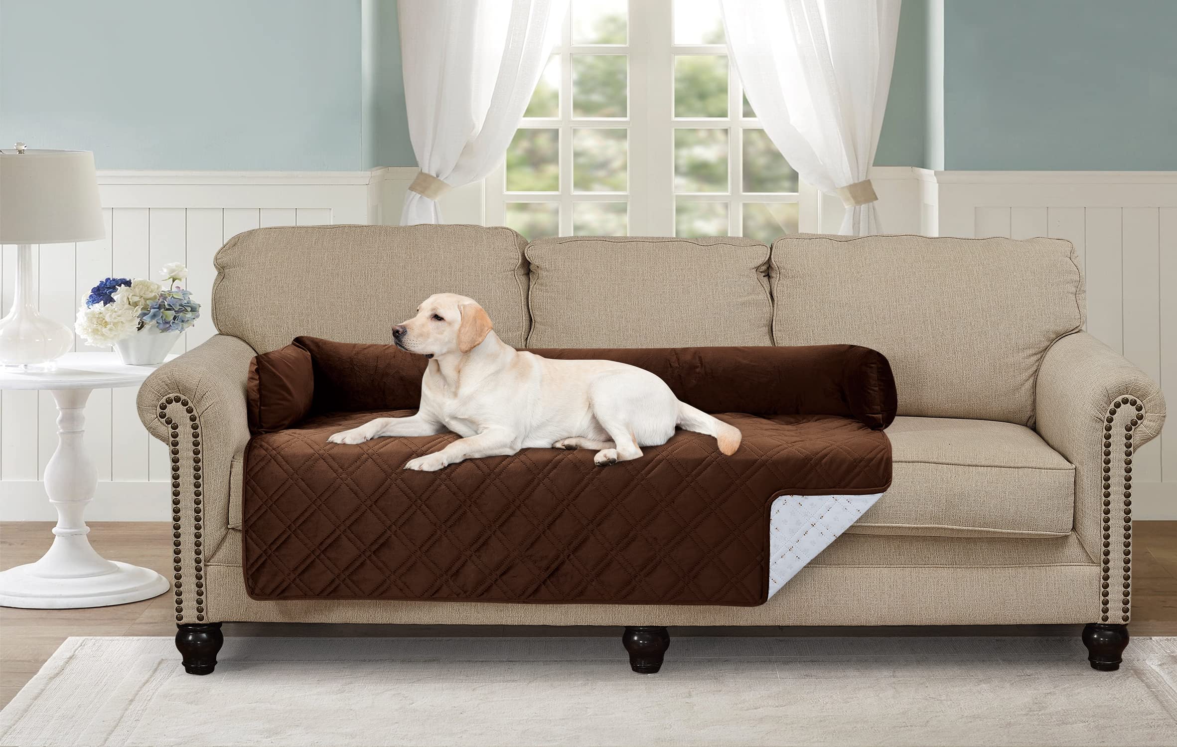 Brilliant Sunshine Waterproof Velvet Pet Couch Sofa Bed Slip Resistant 54",with 3-Sides Removable Cushions, Soft and Durable for Dogs, Cats (Extra Large 54"×32"×8” Chocolate)