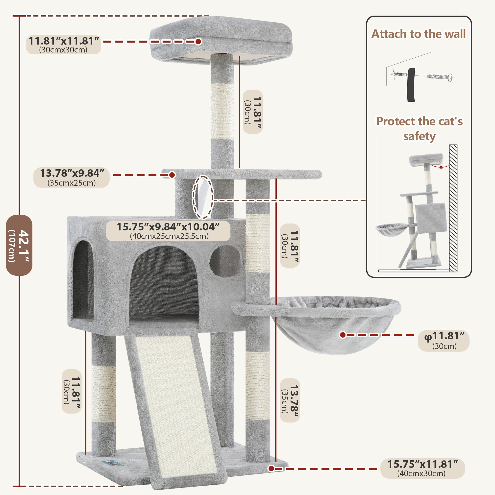 Gitelsnour Cat Tree Tower 42'' with Condo, Indoor Scratching Post GCT005SW