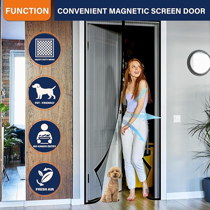 Magnetic Screen Door,Hook&Loop Pet Screen Door Fit Door Size 34" x 80" Heavy Duty Door Screen Magnetic Keep Bugs Out